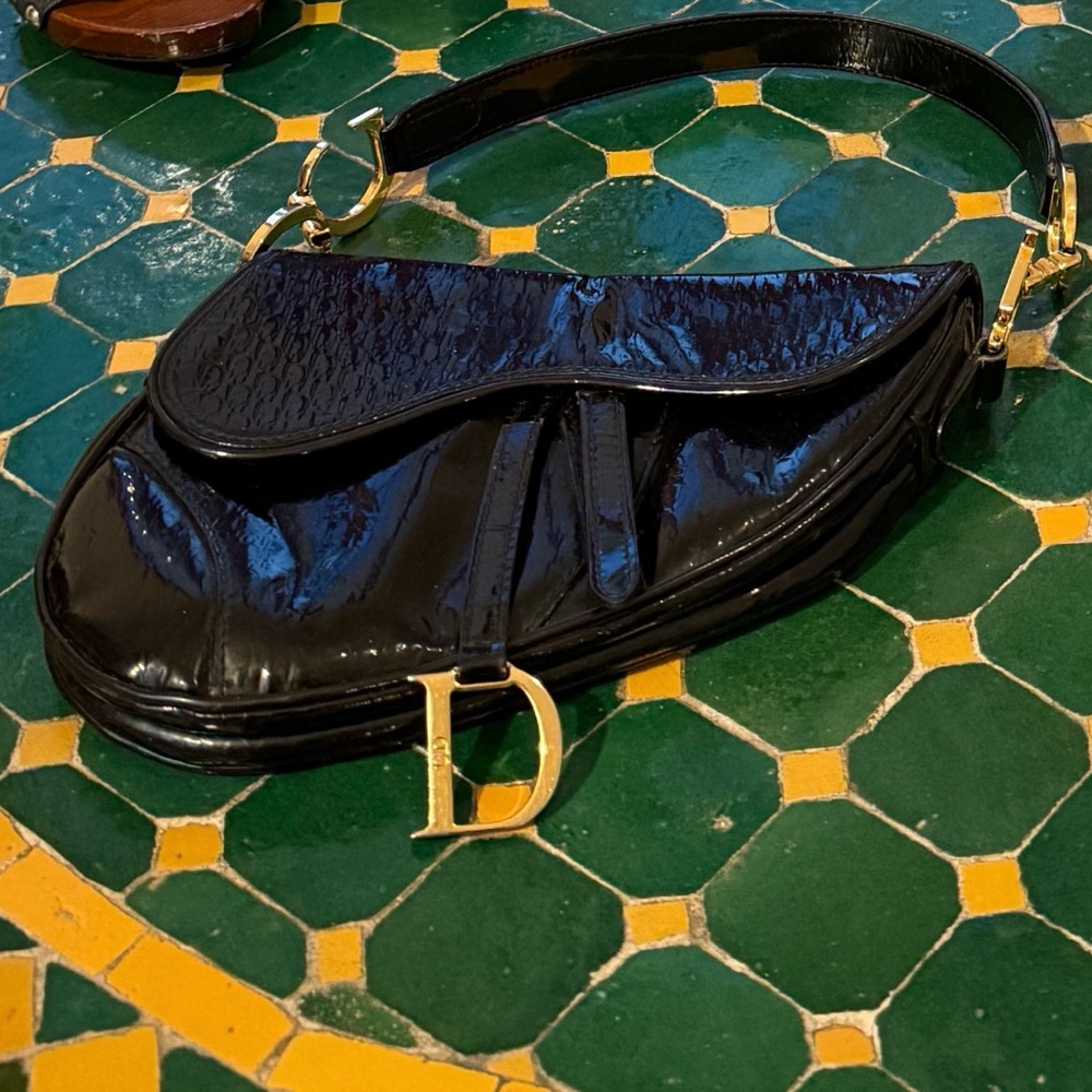 Dior Black Patent Mini Saddle Bag with Gold 'D' Charm Accent